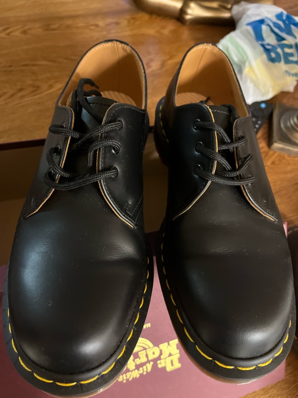 Dr. Martens Black Leather 3-Eye Derby with Yellow Stitching